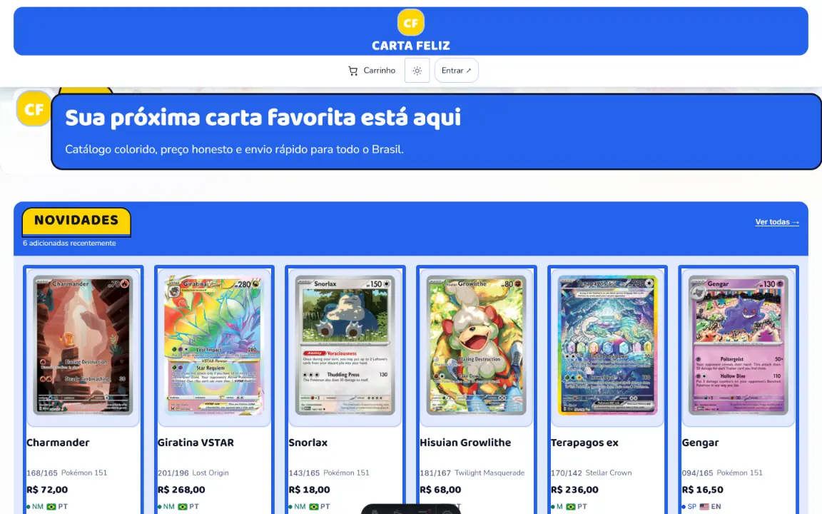 Divertido: faixa azul com nuvem amarela, trilho Novidades em blocos coloridos