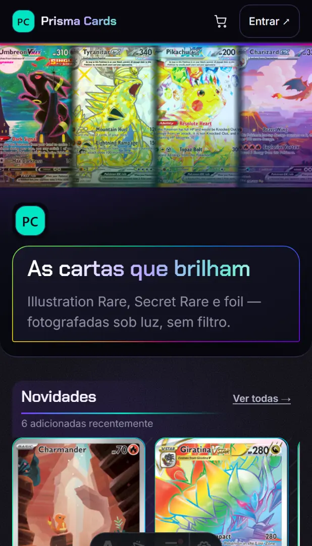 Holográfico: masthead escuro com cartas ao fundo, trilho Novidades brilhando