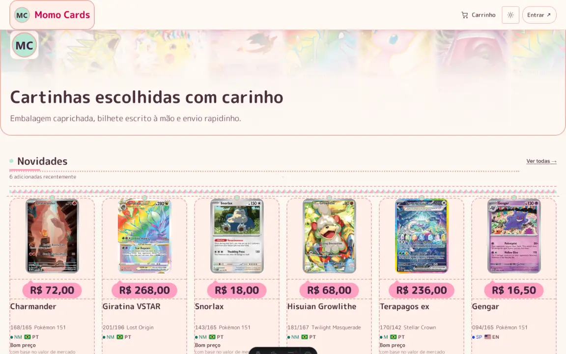 Kawaii: faixa de nuvem pastel com bandeirinhas, trilho Novidades com preços em rosa