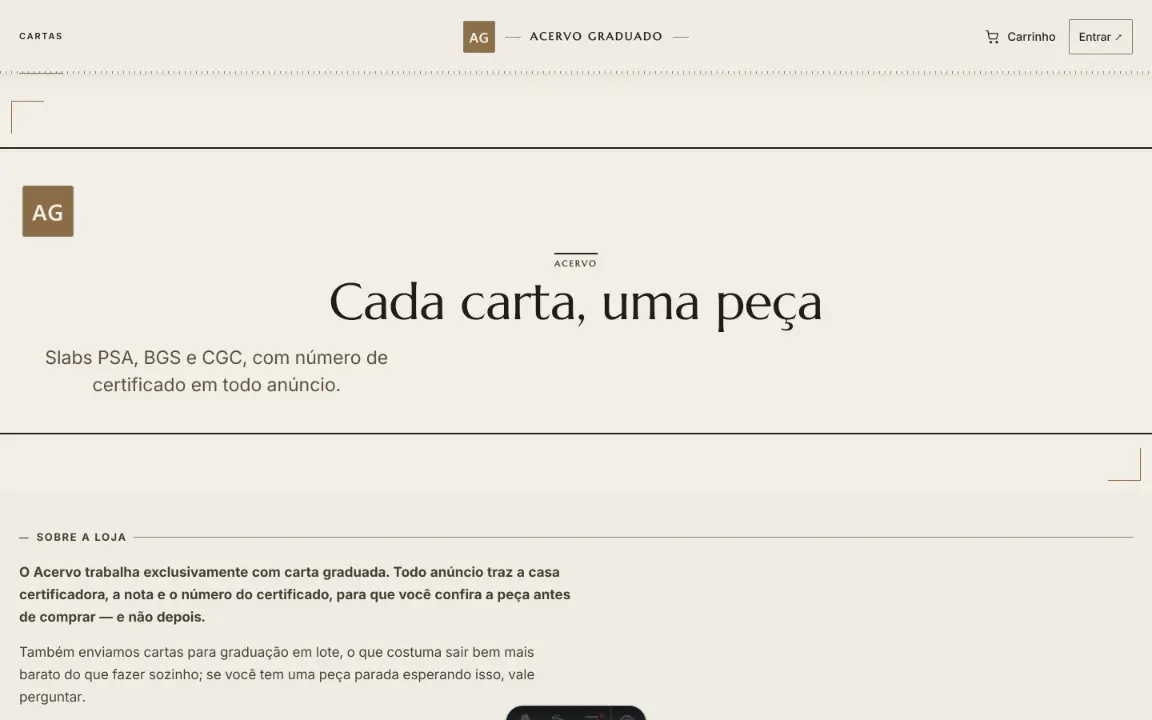 Museu: título em serifa sobre galeria branca, texto Sobre a loja e trilho As mais valiosas