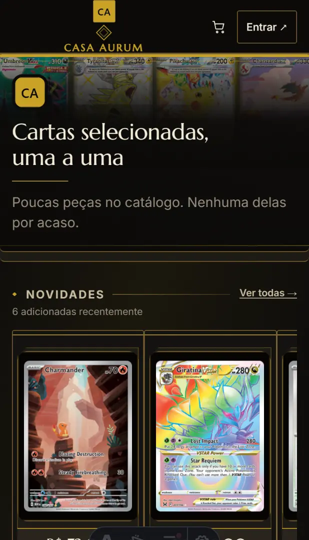 Premium: masthead Casa Aurum em dourado, trilho Novidades sobre preto