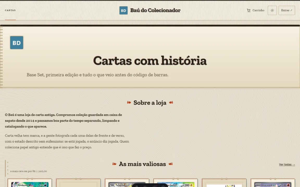 Vintage: masthead “Cartas com história” em papel, Sobre a loja e trilho de polaroids